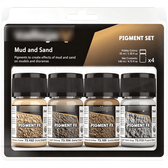 VELIMO Pigment Fx Mud&Sand Effects,Weathering Pigments for Models&Dioramas,4 Bottlesx35 Ml (1.18 Fl.Oz.) Realistic Weathering Multi-Effect Texture Rub and Buff Colors