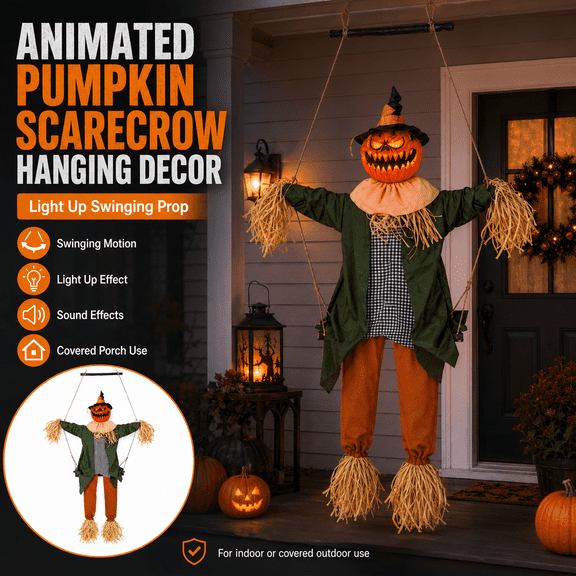 VELIORA Animated Halloween Pumpkin Scarecrow Hanging Decor, 47.24 Inch Light Up Swinging Pumpkin Face Prop with Sound Effects for Covered Porch, Entryway, Haunted House and Party Decor