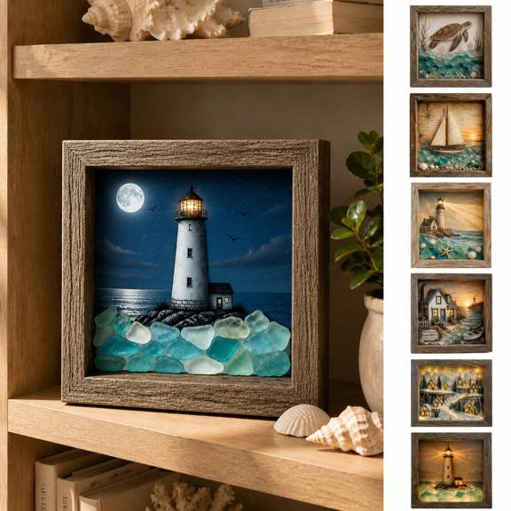 VELIORA Moonlit Lighthouse LED Shadow Box Light, 8.46 Inch Wood Framed Sea Glass Style Nautical Wall and Tabletop Decor with Ocean Night Scene for Mantel, Shelf, Bedroom, Living Room