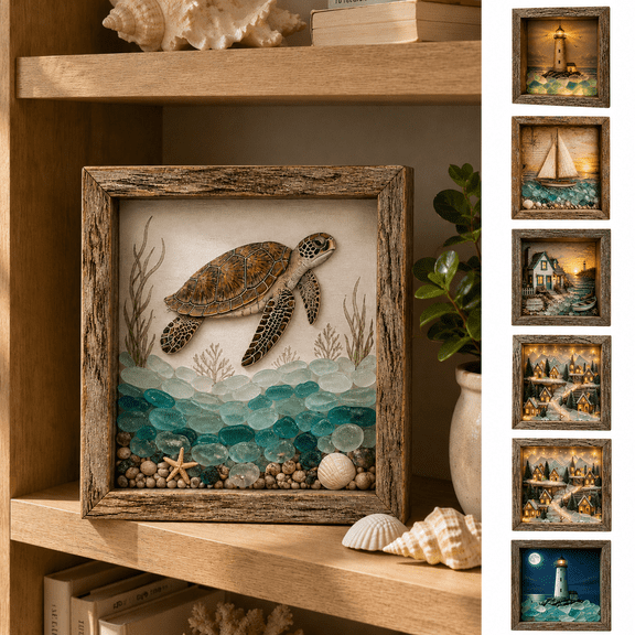 VELIORA Sea Turtle LED Shadow Box Light, 8.46 Inch Wood Framed Sea Glass Style Nautical Wall and Tabletop Decor with Shells for Mantel, Shelf, Bedroom, Bathroom, Living Room Decor
