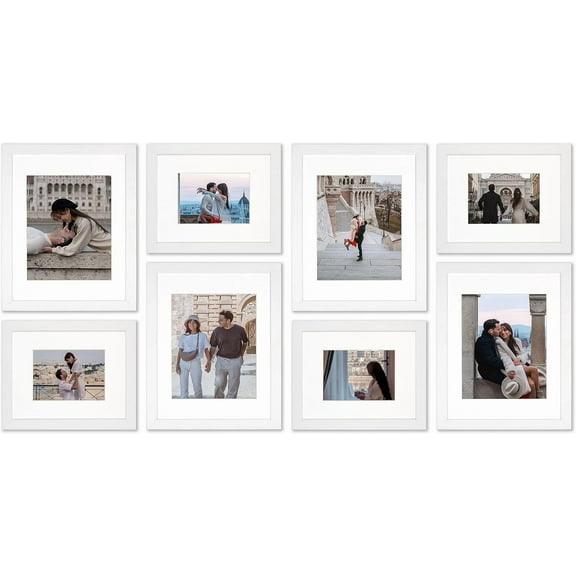 VELISTA 8 Piece Large Rectangle Gallery Wall Frame Set - Photo Frame Set with Mat 5x7 and 8x10 in - Picture Frame Set for Wall Collage made of Engineered Wood –Assorted Picture Frames (White)