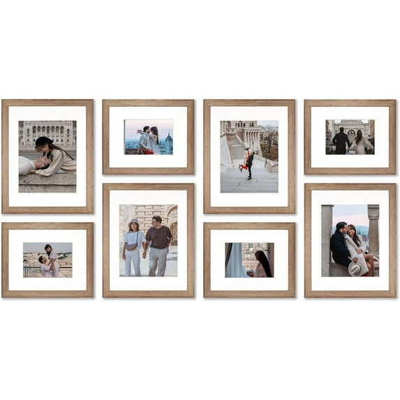 VELISTA 8 Piece Rectangle Gallery Wall Frame Set - Rustic Photo Frame Set with Mat 5x7/8x10 - Picture Frame Set for Wall Collage made of Engineered Wood – Farmhouse Assorted Picture Frames (Walnut)