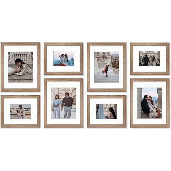 VELISTA 8 Piece Rectangle Gallery Wall Frame Set - Rustic Photo Frame Set with Mat 5x7/8x10 - Picture Frame Set for Wall Collage made of Engineered Wood – Farmhouse Assorted Picture Frames (Walnut)