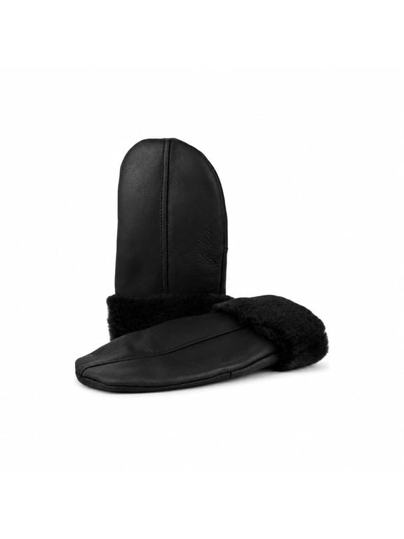 Unisex Leather Mittens Shearling Sheepskin Fur Lined Winter Mitten Gloves, Handmade Real Leather Cold Weather Mittens (Black | Black Fur, S)