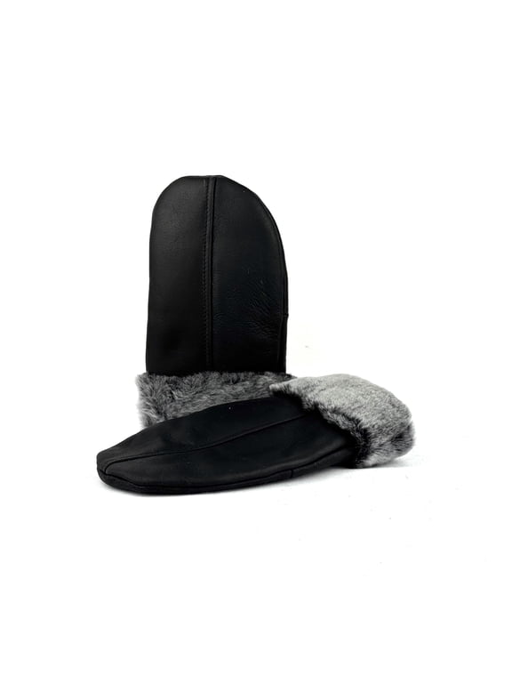 Unisex Leather Mittens Shearling Sheepskin Fur Lined Winter Mitten Gloves, Handmade Real Leather Cold Weather Mittens (Black | Grey Fur, L)