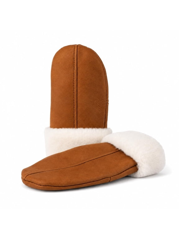Unisex Leather Mittens Shearling Sheepskin Fur Lined Winter Mitten Gloves, Handmade Real Leather Cold Weather Mittens (Tan | Ivory Fur, 2XL)