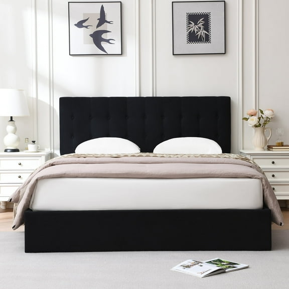 VELOCAVA Full Size Bed Frame, Lift Up Storage Bed with Button Tufted Headboard, Under bed Storage, Linen Black
