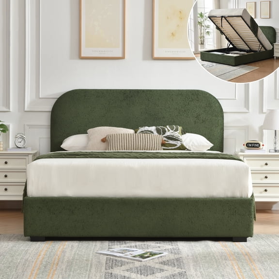 VELOCAVA Full Size Bed Frame with Lift Up Storage, Boucle Upholstered Platform Bed with Rounded Headboard, Hydraulic Storage, Forest Green