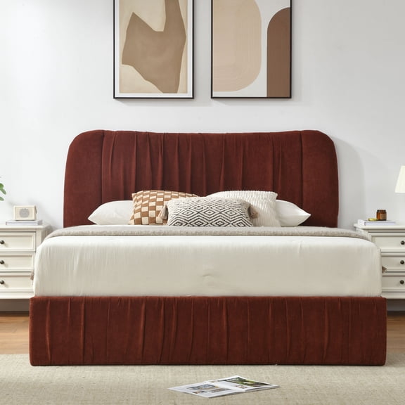 VELOCAVA Full Size Bed Frame with Lift Up Storage, Velvet Upholstered Platform Bed with Pleated Headboard, Hydraulic Storage, Brick Red
