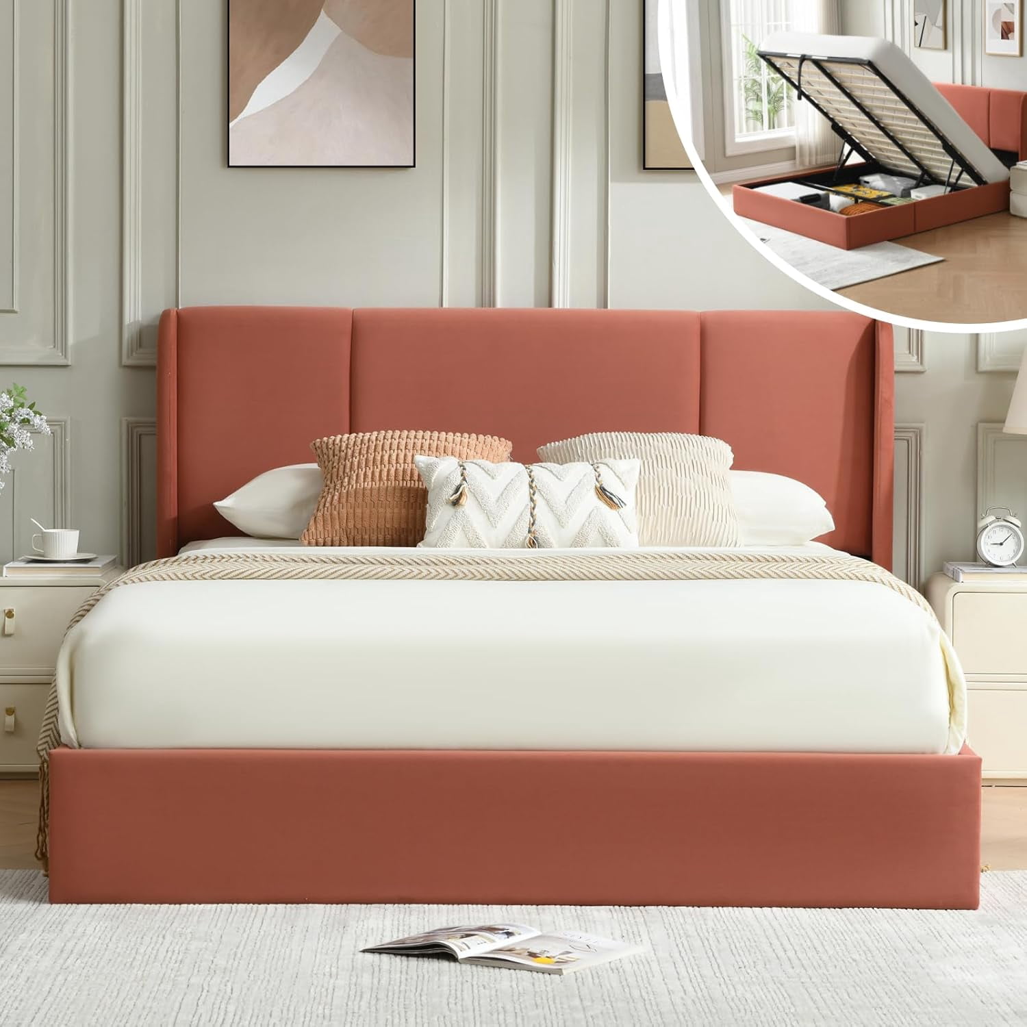 Tall Headboard Bed VELOCAVA Full Size Upholstered – Cream White Velvet ...