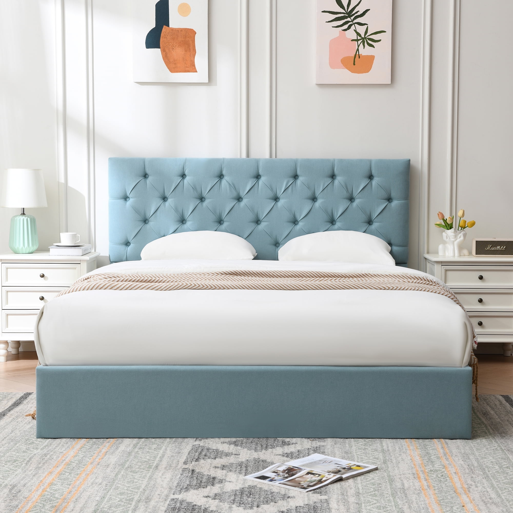 VELOCAVA Queen Size Bed Frame Lift Up Storage Bed with Button Tufted Headboard Under bed Storage Linen Aqua