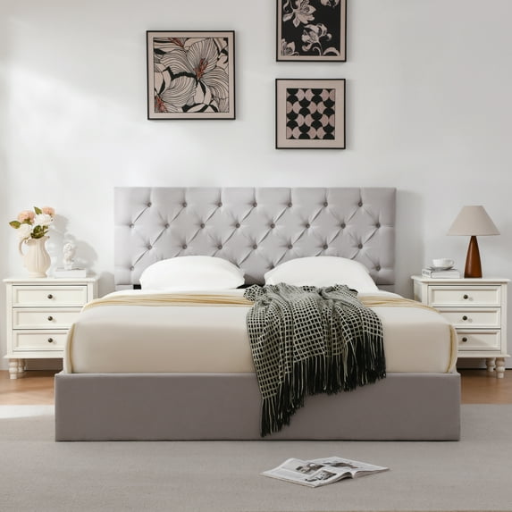 VELOCAVA Queen Size Bed Frame, Lift Up Storage Bed with Button Tufted Headboard, Under bed Storage, Linen Greige