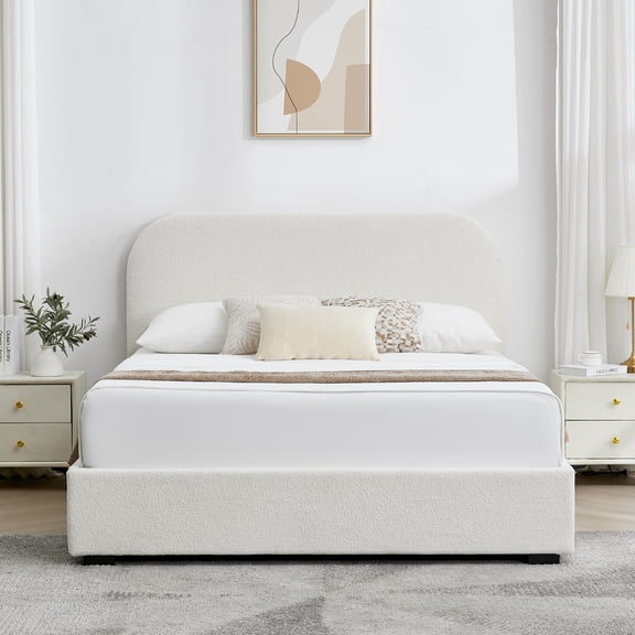 VELOCAVA Queen Size Bed Frame with Lift Up Storage, Boucle Upholstered Platform Bed with Rounded Headboard, Hydraulic Storage, Cream White