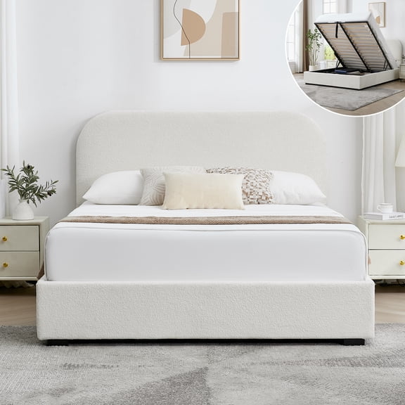 VELOCAVA Queen Size Bed Frame with Lift Up Storage, Boucle Upholstered Platform Bed with Rounded Headboard, Hydraulic Storage, Cream White