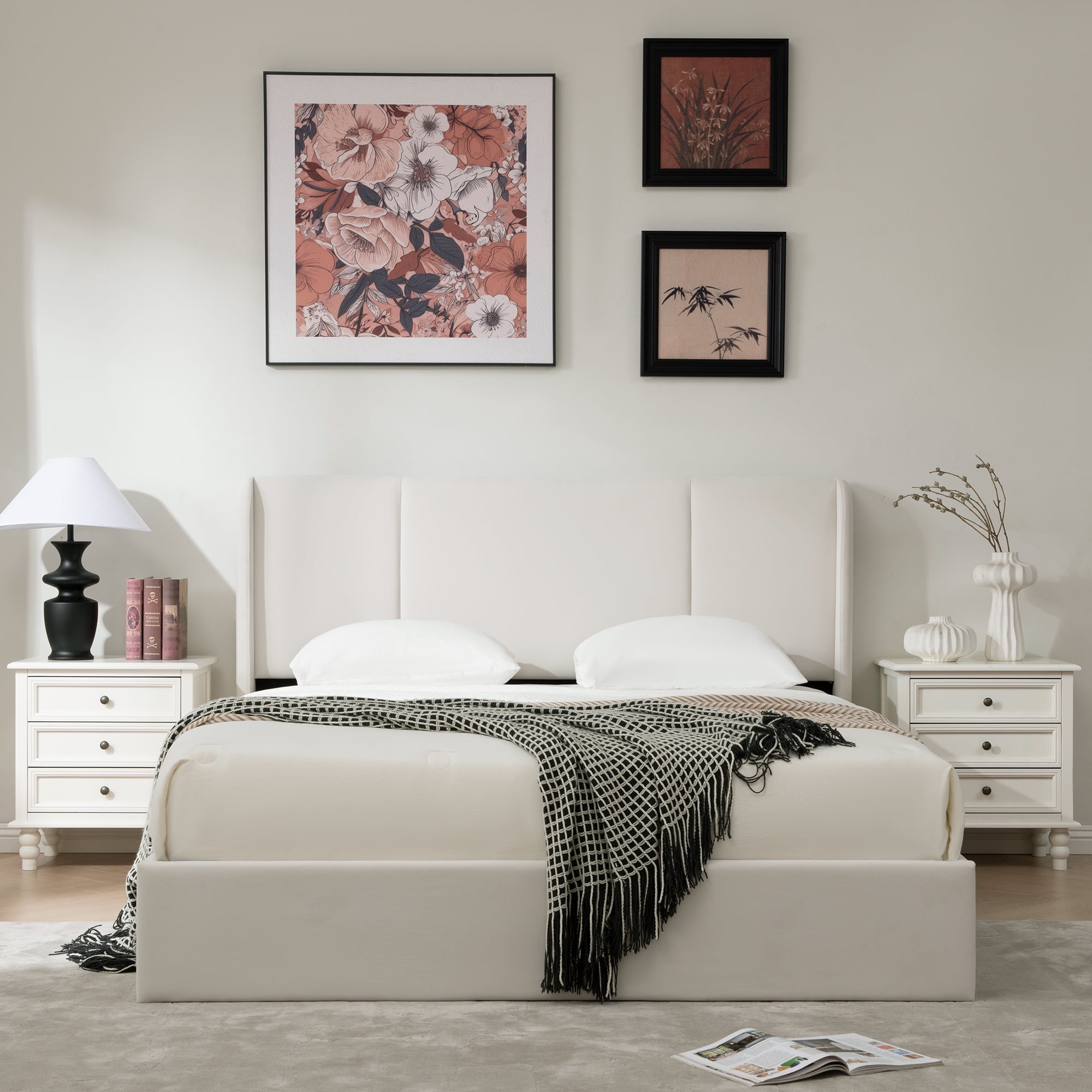 Queen Off-White Linen Upholstered Platform Bed with Hydraulic Storage