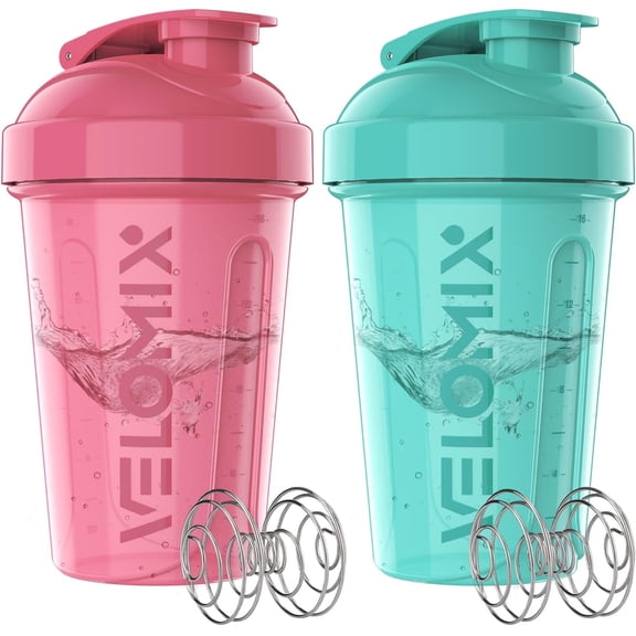 VELOMIX Leak Proof Protein Shaker Bottle with Wire Whisk, 2 Pack, 20 fl oz, Pink/Turquoise