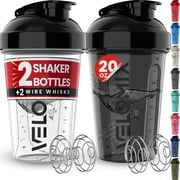 VELOMIX Leak Proof Protein Shaker Bottle with Wire Whisk, 2 Pack, 20 fl oz, Black/Clear
