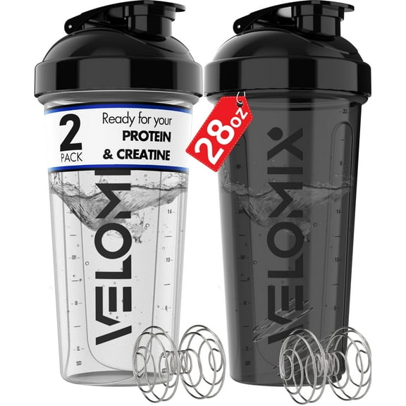 VELOMIX -2 Pack- 28 oz Protein Shaker Bottles for Protein Mixes - 2x Wire Whisk | Leak Proof Shaker Cups for Protein Shakes | Protein Shaker Bottle Pack | Shakers for Protein Shakes C23