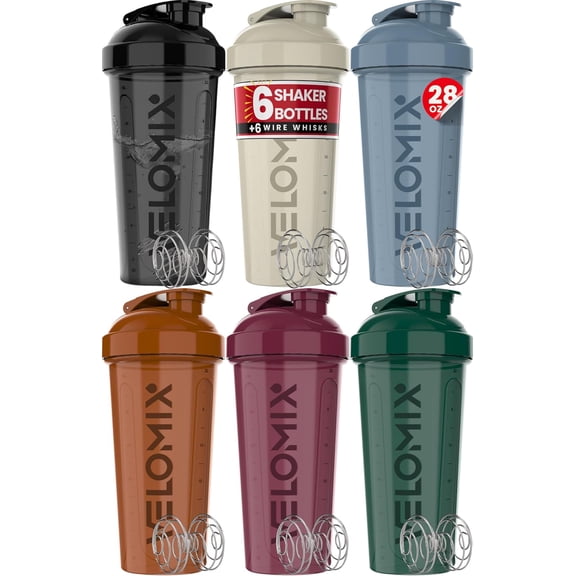 VELOMIX -6 PACK- 28 oz Protein Shaker Bottle for Protein Mixes - 6x Wire Whisk | Leak Proof Shaker Cups for Protein Shakes | Protein Shaker Bottle Pack | Protein Shake Cup (Earth Tones Collection)