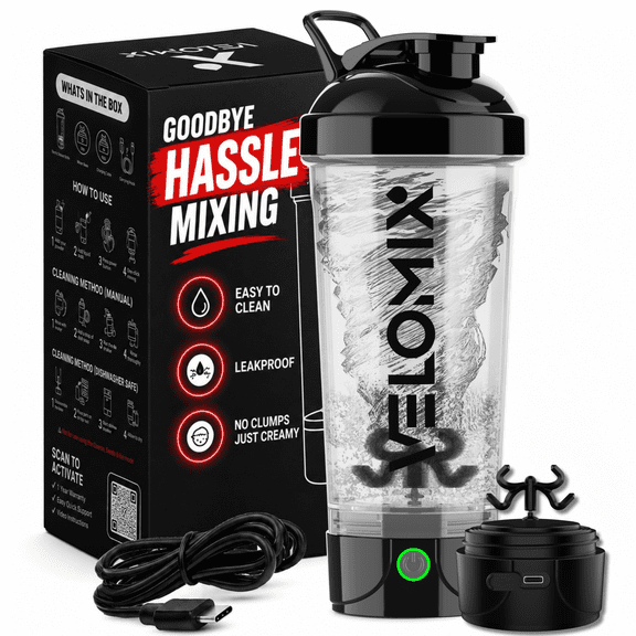 VELOMIX Rechargeable Electric Protein Shaker Bottle with USB-C Cable, 24 fl oz, Clear