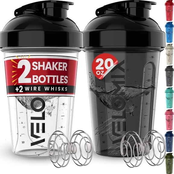 VELOMIX Leak Proof Protein Shaker Bottle with Wire Whisk, 2 Pack, 20 fl oz, Black/Clear