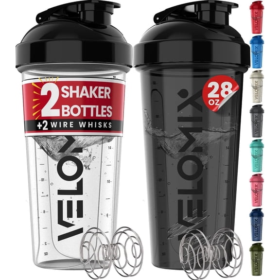 VELOMIX Leak Proof Protein Shaker Bottle with Wire Whisk, 2 Pack, 28 fl oz, Black/Transparent