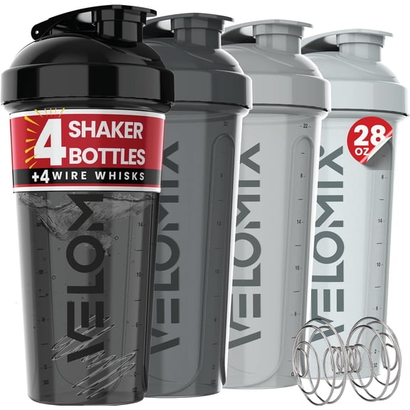 VELOMIX Leak Proof Protein Shaker Bottle with Wire Whisk, 4 Pack, 28 fl oz, Silver Aurora