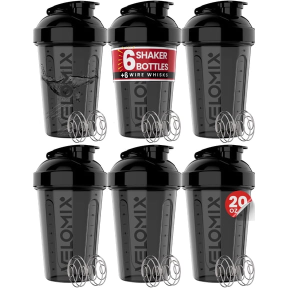 VELOMIX Leak Proof Protein Shaker Bottle with Wire Whisk, 6 Pack, 20 fl oz, Black