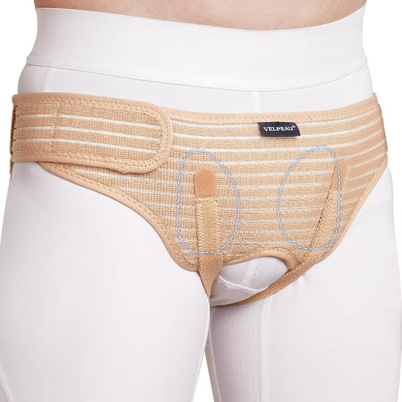 VELPEAU Hernia Belt Truss for Men and Women - Hernia Support Brace for Inguinal or Sports Hernia, 2 Removable Compression Pads & Adjustable Groin Straps(Beige, Large 41-46")