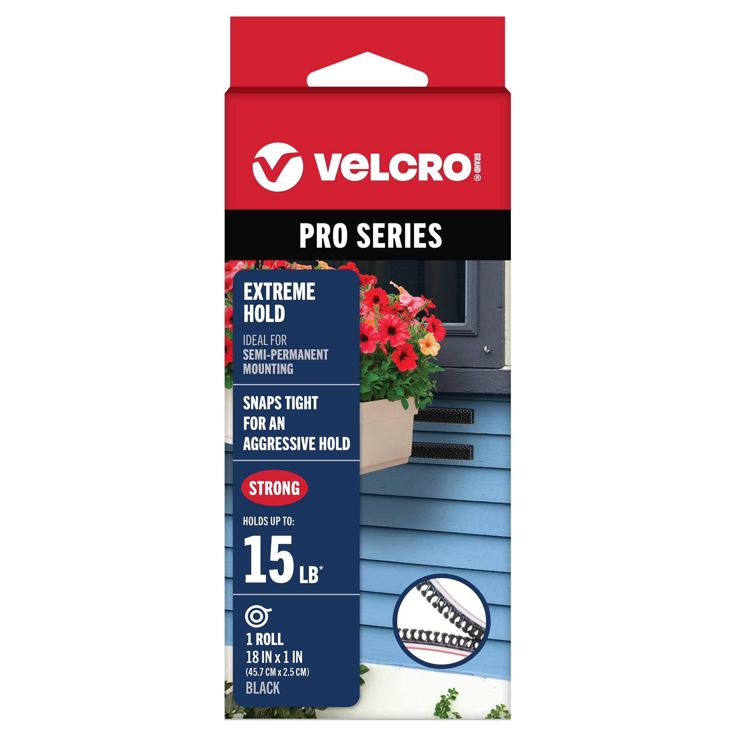 VELCRO® Brand PRO Series Extreme Hold, Up to 15 Pounds, 18in x 1in Tape Black