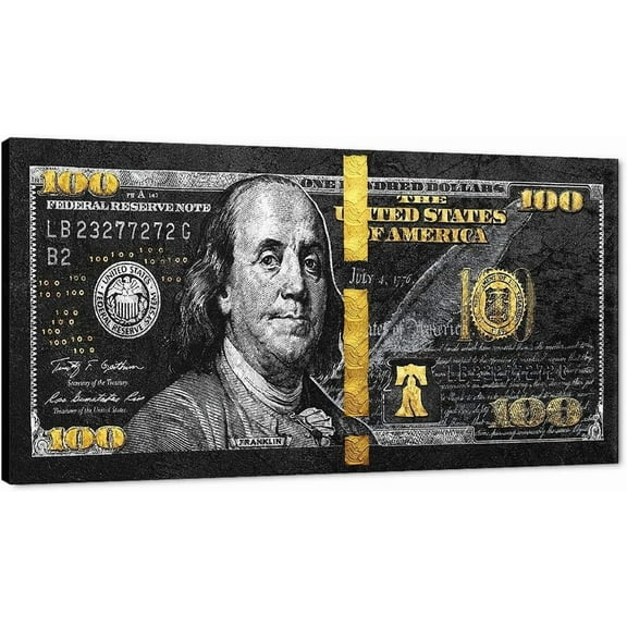 VELVET 100 Money Wall Art Black Gold Dollars Bill Canvas Patgs Posters and Posters spirational Wall Pictures for Bathroom Guest Room Game Room Wall Hang Large Wooden Art Prt- 24x16inch Framed