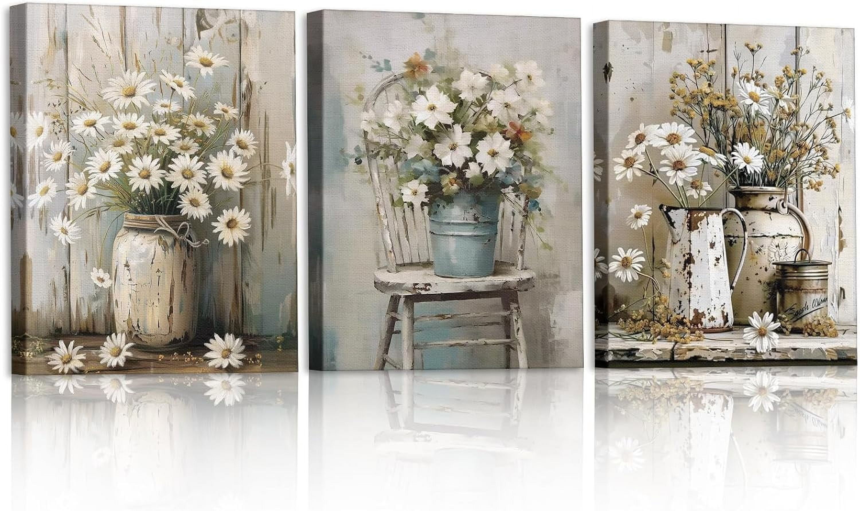 VELVET 3 Pcs Daisy Bathroom Wall Decor Rustic Farmhouse Pictures Wall ...