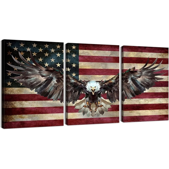 VELVET 3 Piece American Flag Art American Decor Wooden Flag Wall Art Army Decor Patriotic Wall Decor Military Art Eagle Pictures Wall Decor for Living Room Decor Ready to Hang (x3PCS) 8x10inch Framed