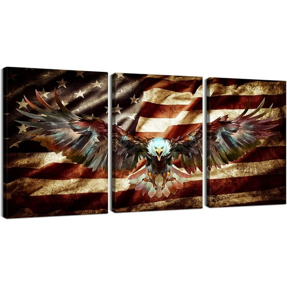 VELVET 3 Piece Eagle Wall Art Canvas Wooden Flag Picture Army Patriotic Wall Art for Living Room Bedroom Decor (x3PCS) 20x24inch Framed