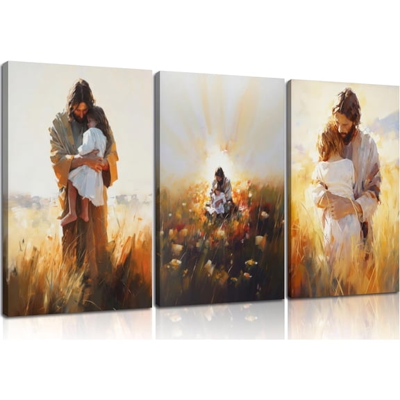 VELVET 3Pcs Jesus Hugging Girl Canvas Wall Art Bible Story Paintings Religious Faith Pictures Wall Decor God Christian Posters Prints for Kids Room Church Home Decoration 16x24inch Framed