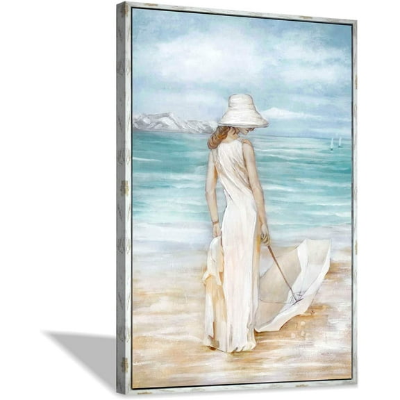 VELVET Abstract Beach Artwork Ocean Picture: Hand Painted Modern Women & Umbrella Sea Print Coastal Wall Art on Canvas Art For Bedroom 16x24inch Framed