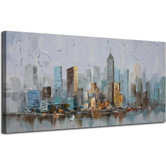 VELVET Abstract Cityscape Canvas Wall Art New York City Painting Modern Skyline Colorful NYC Grey Blue Picture, Large for Bedroom Living Room Bathroom Home Office Wall Decor 24x20inch Framed