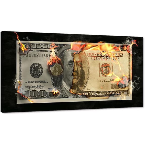 VELVET Abstract Creative Dollar Wall Art Burng 100 Bill Money Artwork Wall Decor HD Prt Flame Dollar Work Art for Study Room Classroom Library Wall Decor and Stretched Easy to Hang- 16x12inch Framed