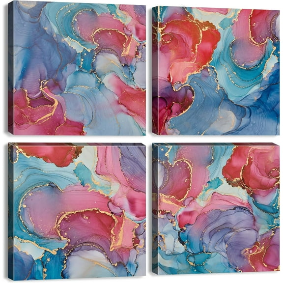 VELVET Abstract Pink Wall Art for Living Room Purple Teal and Gold Marble Wall Decor Fluid Lines Texture Canvas Prints Fantasy Liquid Painting Watercolork Artwork for Decoration 4Pcs 14x11inch Framed
