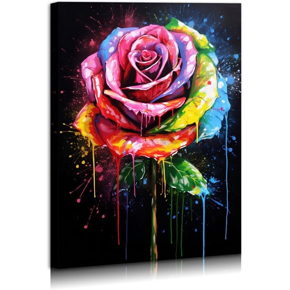 VELVET Abstract Rose Flowers Wall Art Colorful Rose Graffiti Canvas Painting Rainbow Flower Bloom Closeup Picture Artwork for Living Room Bathroom Bedroom Home Decorationses 11x14inch Framed
