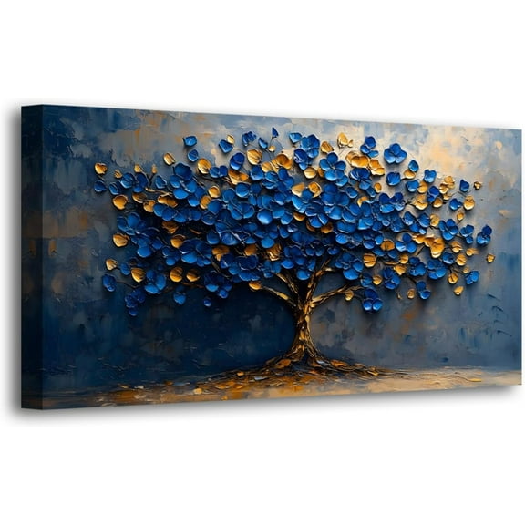 VELVET Abstract Tree Canvas Wall Art Wall Decor Living Room,Tree of Life Wall Art Kitchen Paintings Artwork Modern Blue Yellow Leaves Pictures Art Prints Waterproof Ready to Hang- 18x12inch Framed