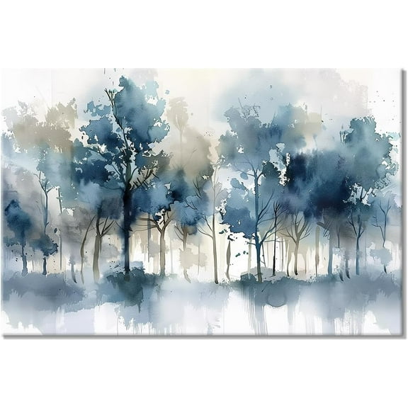 VELVET Abstract Watercolor Forest Canvas Wall Art, Misty Blue And Grey Toned Trees Landscape Painting For Bathroom, Modern Botanical Living Room Kitchen Wall Decor (02, ) 14x11inch Framed