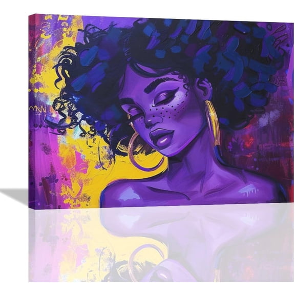 VELVET African American Girl Canvas Wall Art Black Girl Magic Purple Portrait Pictures Art Girls Home Decor Aesthetics Black Woman Poster for Home Bedroom Bathroom Livg Room 20x16inch Framed