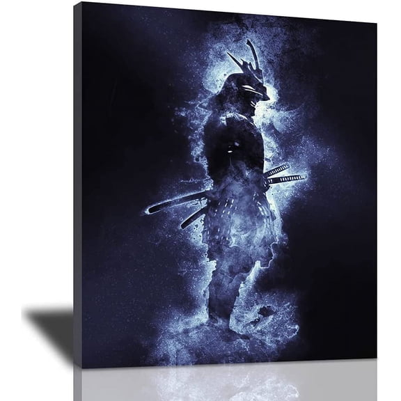 VELVET Armored Samurai Canvas Wall Art Samurai Black and Blue Background on Canvas Patg For Wall Cool Prts for Home Modern Japanese Artwork Poster Wall Decor For Bedroom Livg Room 8x10inch Framed