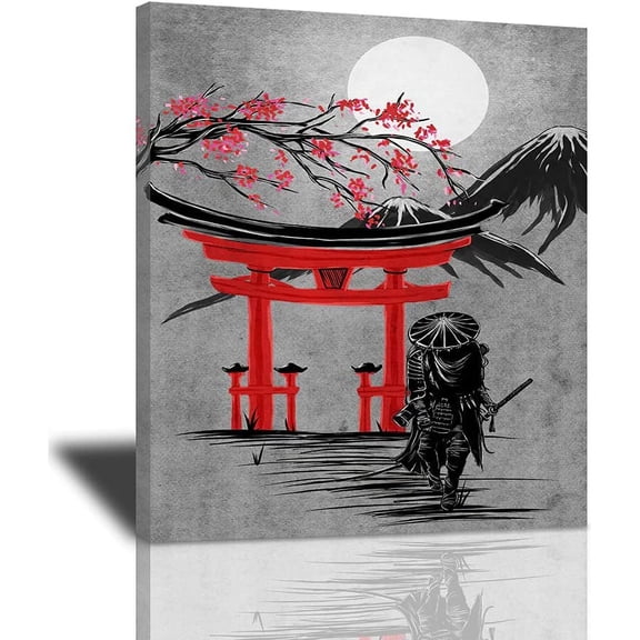 VELVET Armored Samurai Canvas Wall Art Torii Canvas Patg For Wall Cool Prts for Home Office Sakura Pictures Modern Japanese Culture Artwork Poster Wall Decor For Bedroom Livg Room 8x10inch Framed