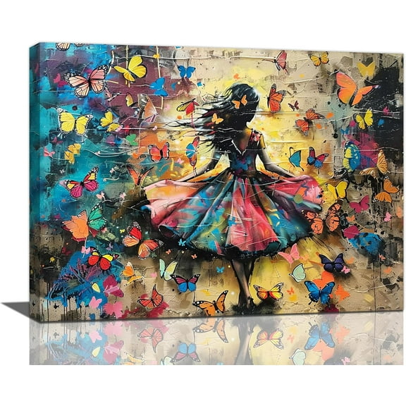 VELVET Banksy Girl Butterfly Wall Art Graffiti Woman Pictures Wall Decor Colorful Vintage Kid Print Painting Artwork Pop Street Home Decorations for Bathroom Bedroom Living Room 24x20inch Framed