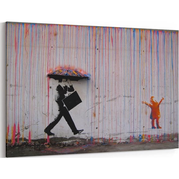VELVET Banksy Graffiti Canvas Wall Art Colorful Rain Graffiti Poster Prints Street Graffiti Art Wall Decor Banksy Picture Art Colorful Painting for Bedroom Living Room Decoration 20x16inch Framed