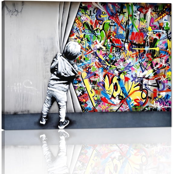 VELVET Banksy Graffiti Wall Art Behind The Curtain Classic Street Art Printing Colorful Pop Art Canvas Paintings Posters and Pictures Prints Modern Home Decor Artwork for Living Room 24x16inch Framed