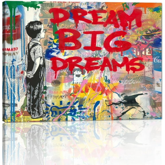 VELVET Banksy Pop Street Graffiti Wall Art, Dream Bigspirational Posters And Prints, Abstract Color Graffiti Art Canvas Paintings On the Wall Art Picture Home Decor 16x12inch Framed