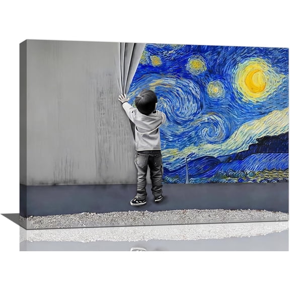 VELVET Banksy Wall Art Boys Starry Night Street Graffiti Pictures Wall Decor Kids Canvas Painting Pop Home Modern Artwork Decorations for Living Room Bedroom Bathroom Office 24x20inch Framed